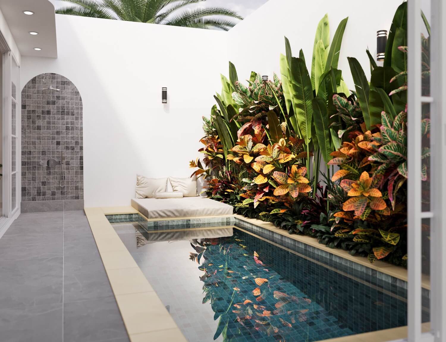 Private tropical garden and pool view at PAZ Villas